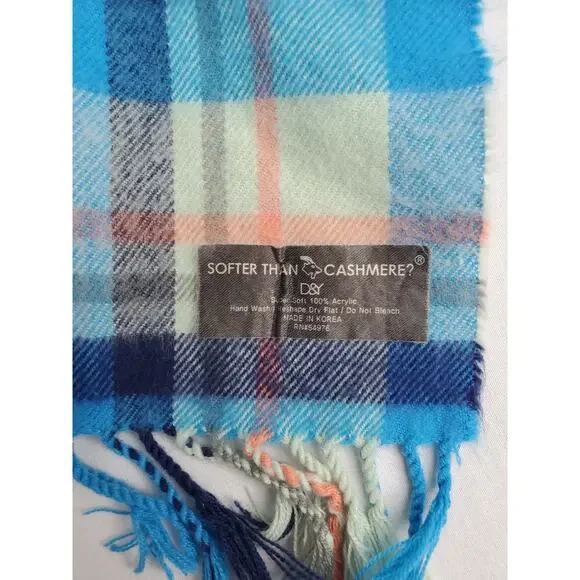 Softer Than Cashmere D&Y Scarf Plaid Blue Multicolor Fringe Warm Soft Fall - Picture 5 of 5